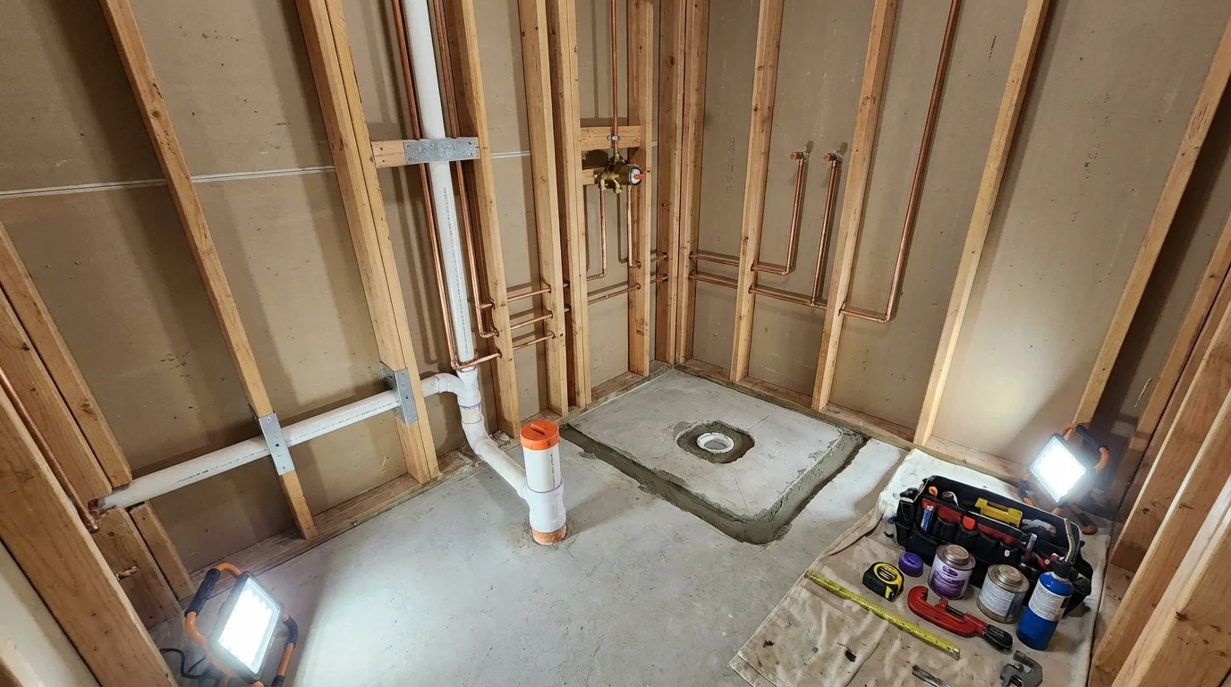 Bathroom rough-in plumbing during remodel by Johns Plumbing LLC in Sauk Centre