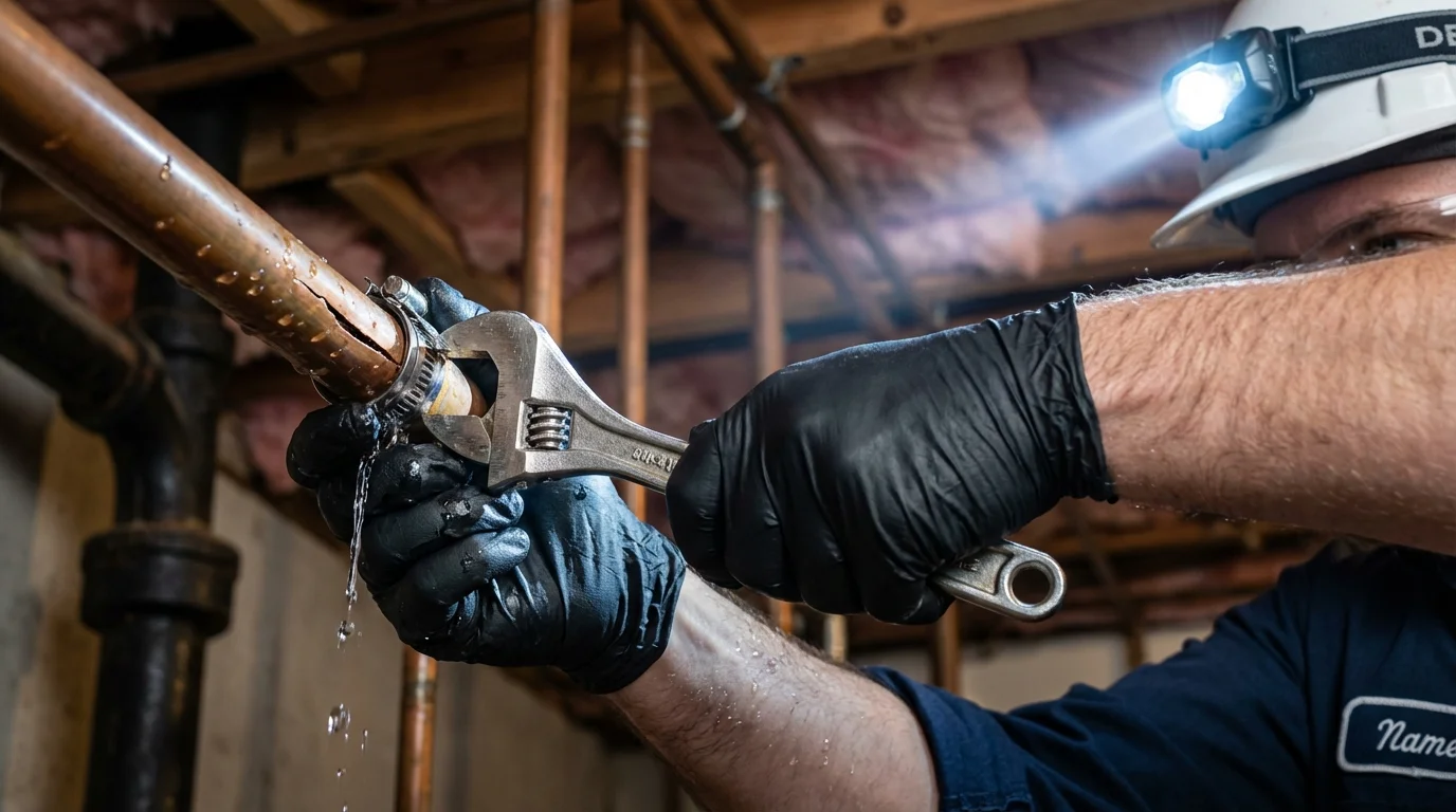 Emergency pipe clamp repair being performed by a Johns Plumbing LLC plumber in Sauk Centre