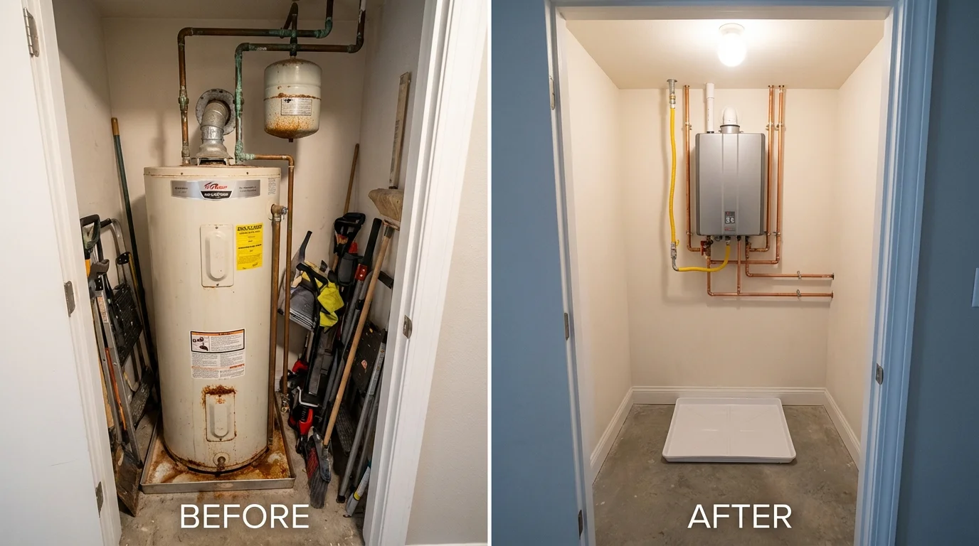 Tank water heater versus wall-mounted tankless unit comparison for Sauk Centre, MN homeowners