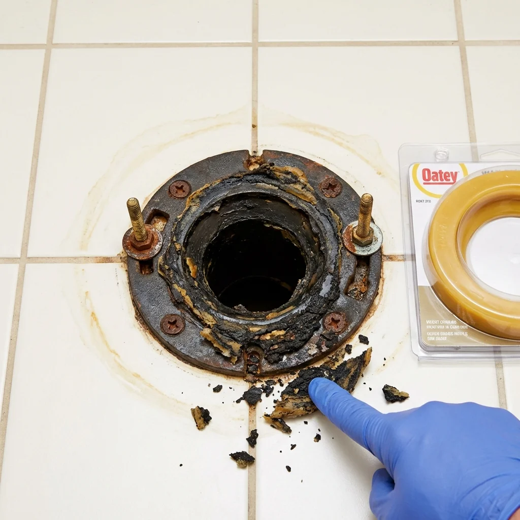 Failed wax ring showing water seepage at the base of a toilet in a Sauk Centre, MN home