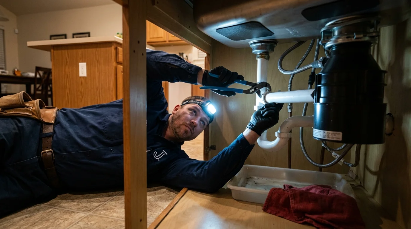 P-trap and supply line connections under a kitchen sink showing a common leak point in Sauk Centre, MN